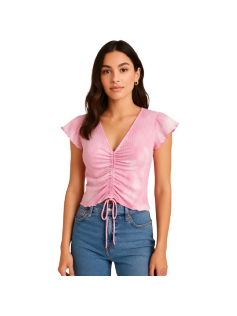 Y2K Campus Casual Coquette Schoolgirl Pink Tie Dye Drawstring Ribbed Top Medium